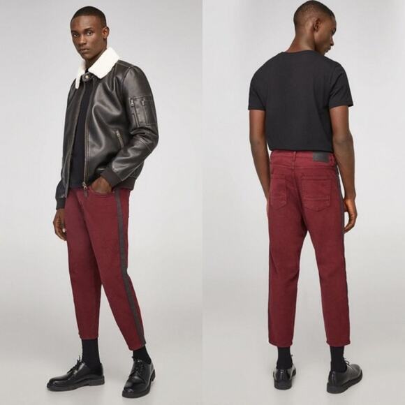 ZARA MAN Burgundy Loose Fit Racer Stripe Cropped Jeans 31x23 Denim Mens NWT - Picture 3 of 8